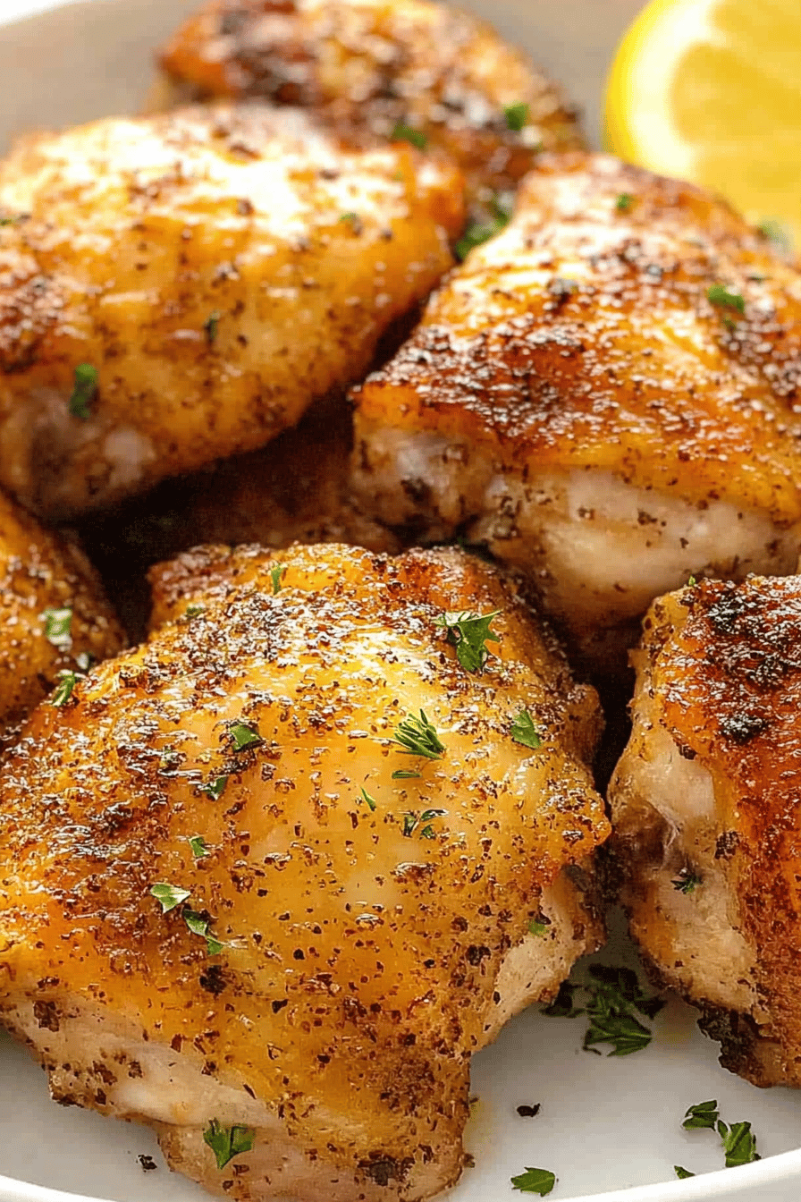 A close-up of a perfectly cooked crispy baked chicken thigh, showing the golden, crackly skin and juicy meat