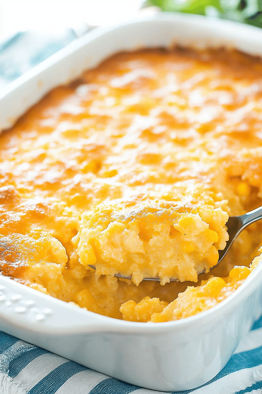corn casserole slice on plate showing perfect texture and swirl pattern