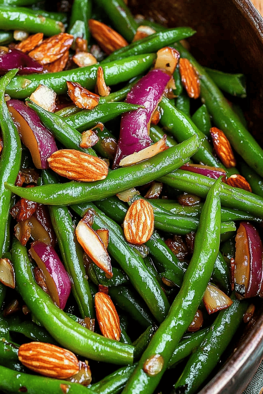 green beans almondine ingredients organized and measured on kitchen counter