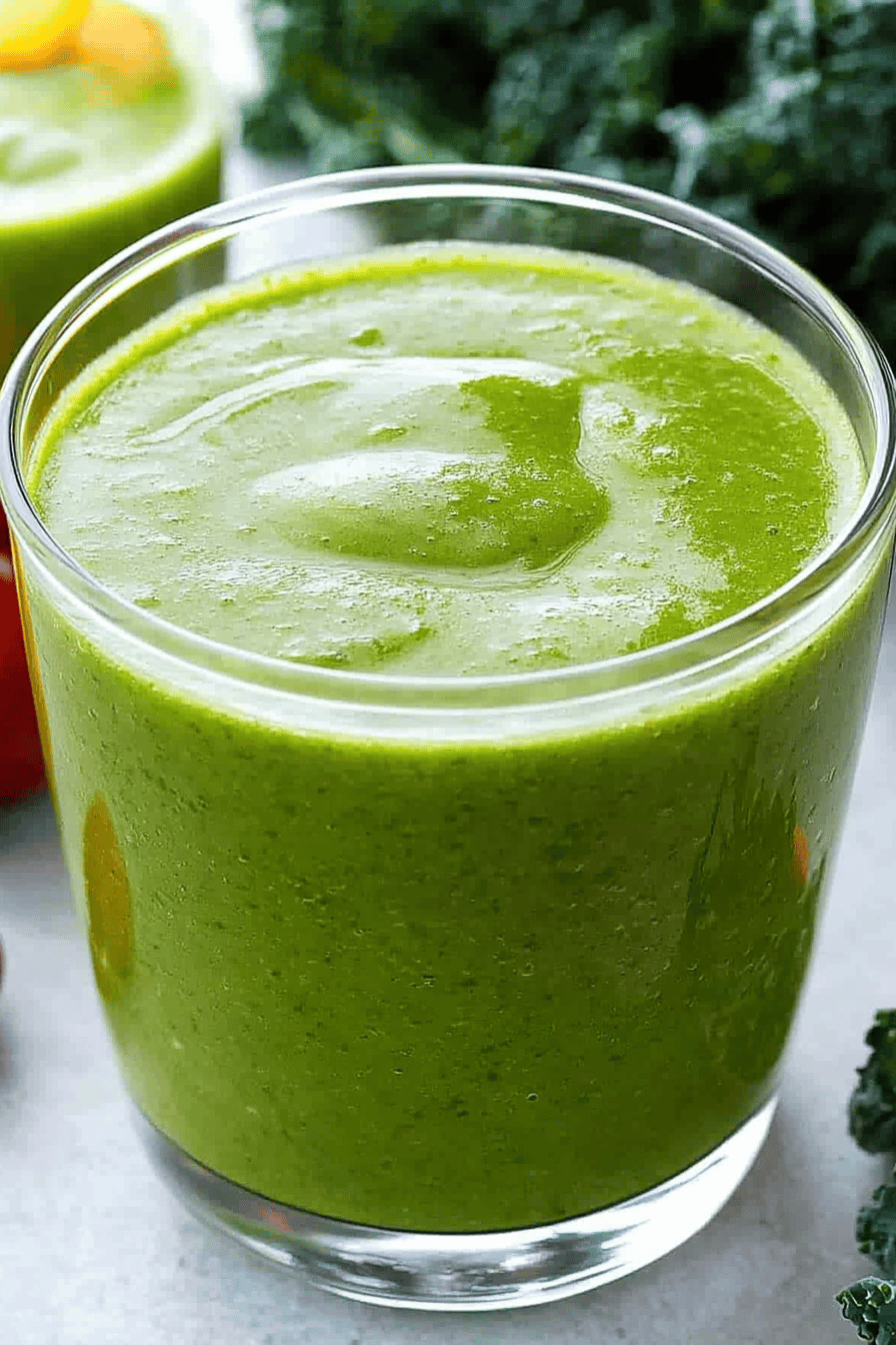kale smoothie ingredients organized and measured on kitchen counter