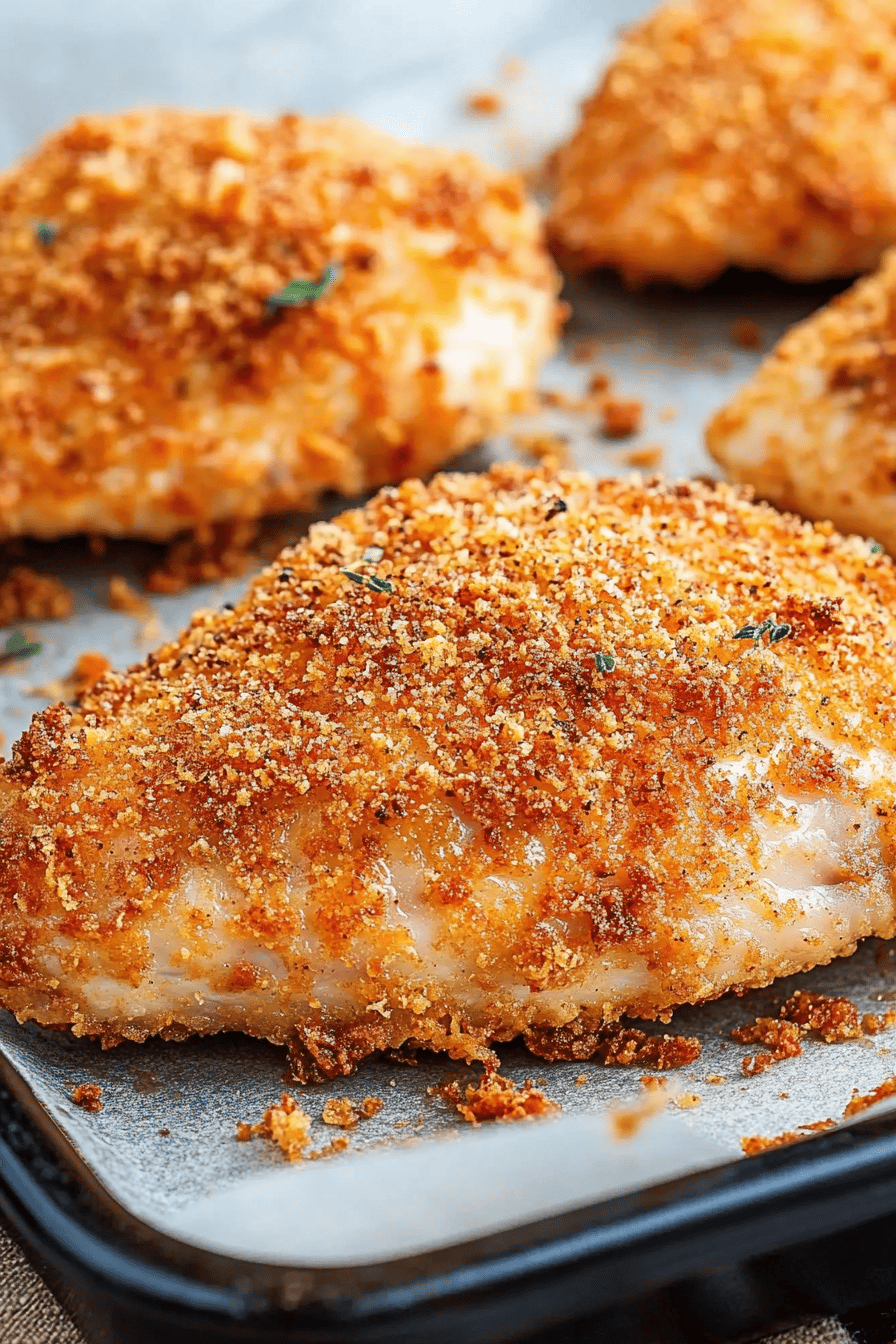 oven fried chicken slice on plate showing perfect texture and swirl pattern