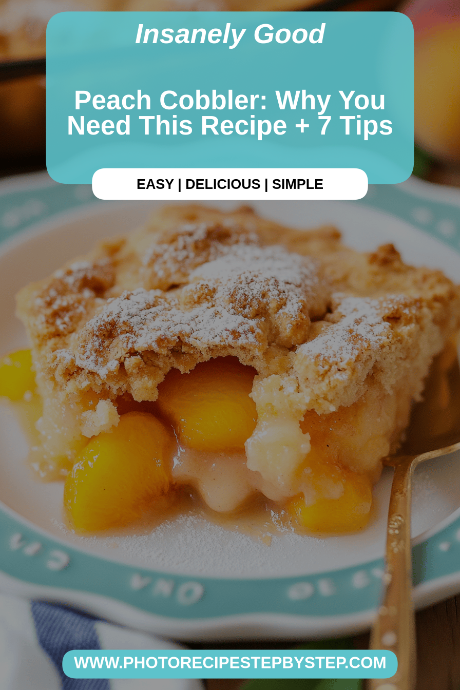 A golden-brown peach cobbler fresh from the oven, with visible fruit filling and a slightly crisp topping, ready to be served.