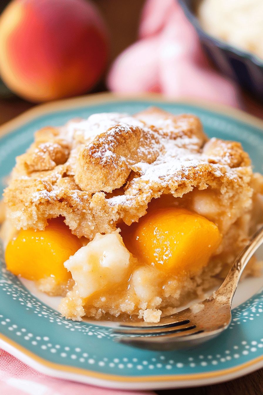 A close-up of a slice of peach cobbler on a plate, showing the texture of the golden crust and juicy peach filling, topped with a scoop of vanilla ice cream.