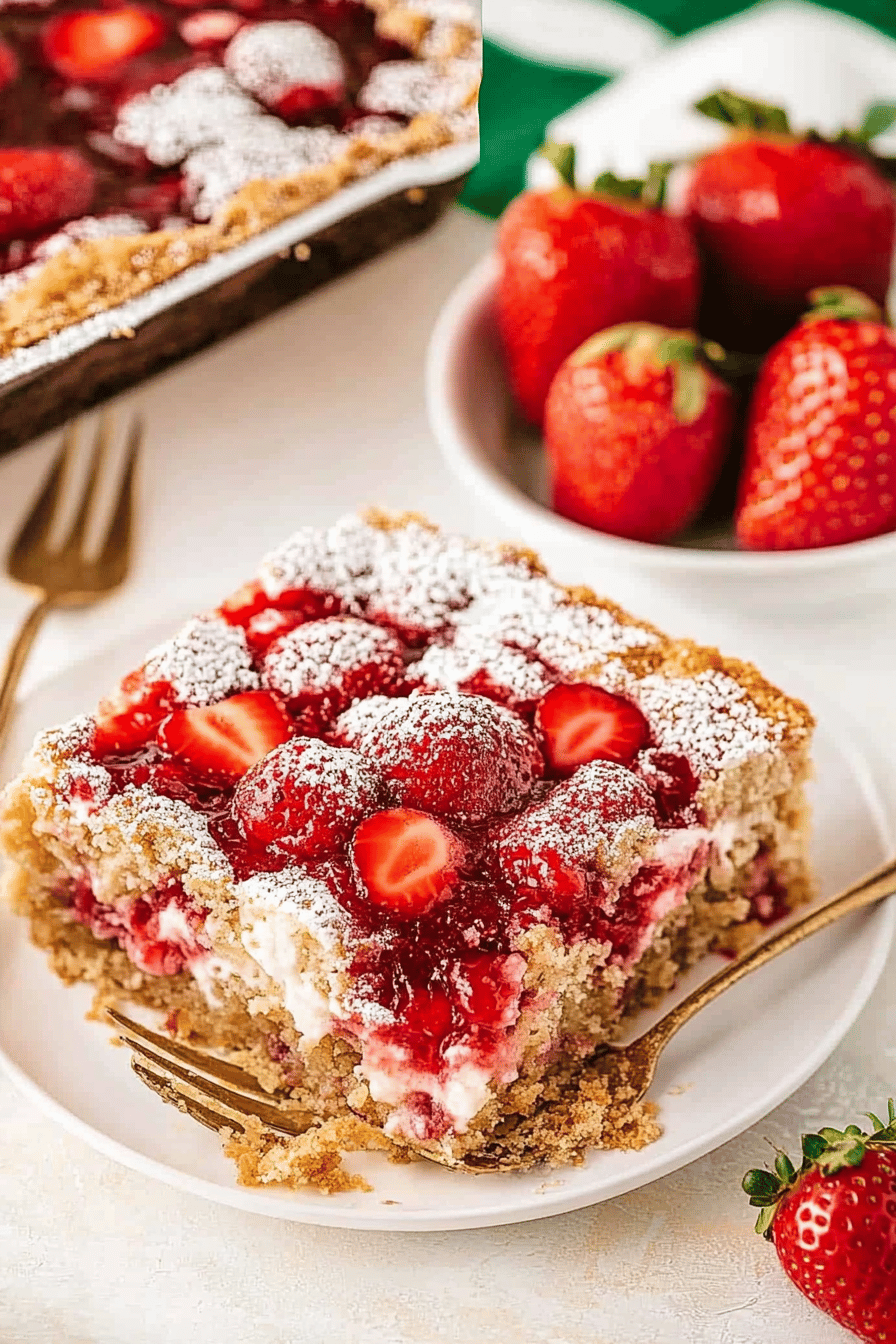 strawberry dump cake slice on plate showing perfect texture and swirl pattern