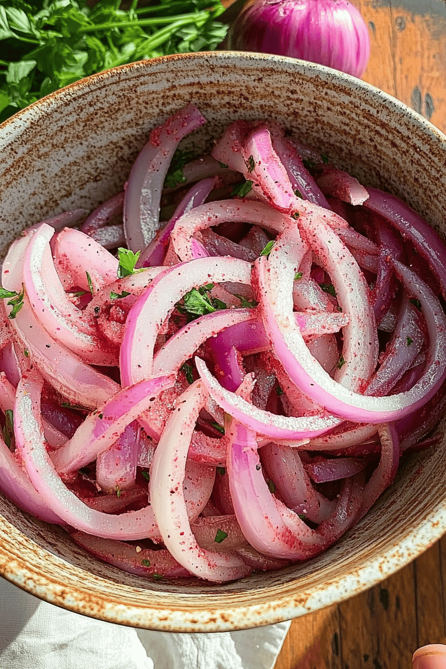sumac onions slice on plate showing perfect texture and swirl pattern